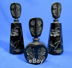 Set Of 3 Black Cut / Carved Bohemian Glass Scent / Perfume Bottles