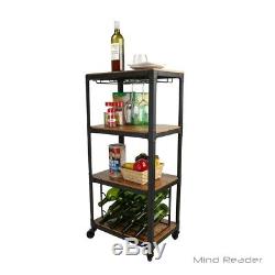 Sleek Wine Storage Cart Bottle Rack Glass Holder Minibar 4-Shelf Drink Storage