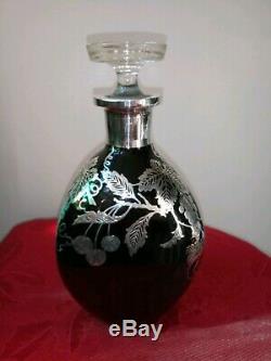Sterling Silver Overlay Pinch Bottle Decanter Black Glass