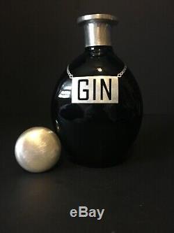 Sterling Silver Overlay Pinch Bottle Decanter Black Glass Gin Vintage
