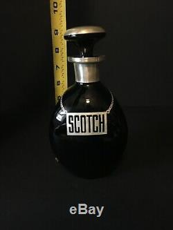 Sterling Silver Overlay Pinch Bottle Decanter Black Glass Scotch Vintage