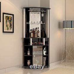 Tall Black Corner Bar Cabinet Hanging Wine Bottle Rack Shelf Glass Doors Wood