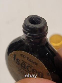 Tiny Isacen Roche Black Glass Sheared Top Original Label Hoffmann La Roche Empty