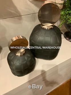 Two Nafuna Etched Charcoal Black Art Glass Decorative Vases Bottles Modern Top