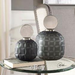 Two Nafuna Etched Charcoal Black Art Glass Decorative Vases Bottles Modern Top