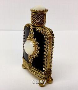Unique Ornate Mini Austrian Perfume Bottle Black White Cabochons