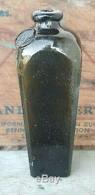 Unique Rare Antique Sealed Case Gin Black Glass Bottle string from seal to lip