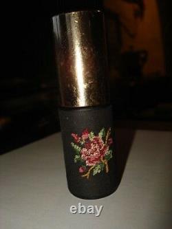 Unique Vintage Black Glass Overlay Empty Pompadour Perfume Bottle Petit Point