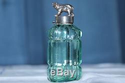 Unique jade green glass perfume bottle'Black Forest style' silver bear top