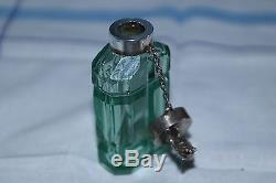 Unique jade green glass perfume bottle'Black Forest style' silver bear top