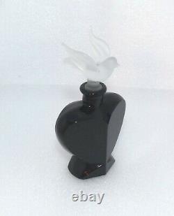 VINTAGE CZECH ART DECO BLACK GLASS PERFUME BOTTLE with Bird DAUBER