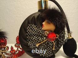 VIntage 3D LADY BOTTLE & BROOCH Black Glass Gold Collar with Red Rhinestone