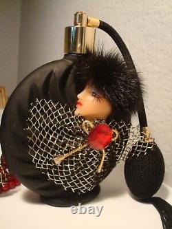 VIntage 3D LADY BOTTLE & BROOCH Black Glass Gold Collar with Red Rhinestone