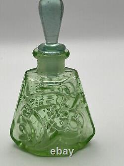 VNTG Art Deco perfume bottle/Green Uranium Glass/Czechoslovakia Stamped/Flower