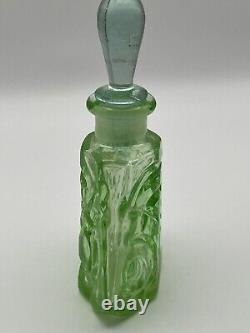 VNTG Art Deco perfume bottle/Green Uranium Glass/Czechoslovakia Stamped/Flower