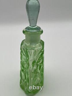 VNTG Art Deco perfume bottle/Green Uranium Glass/Czechoslovakia Stamped/Flower