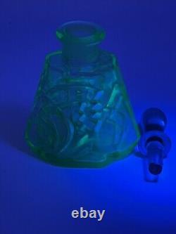 VNTG Art Deco perfume bottle/Green Uranium Glass/Czechoslovakia Stamped/Flower