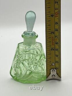 VNTG Art Deco perfume bottle/Green Uranium Glass/Czechoslovakia Stamped/Flower