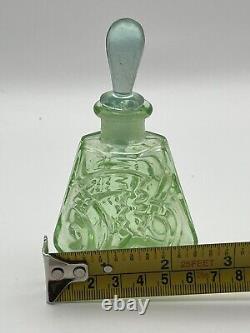 VNTG Art Deco perfume bottle/Green Uranium Glass/Czechoslovakia Stamped/Flower