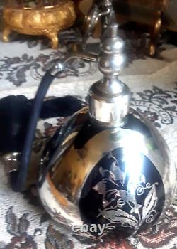 VTG CZECH Lrg Art Nouveau Silver Clad Black Glass Perfume Atomizer Bottle? Beauty