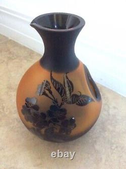 VTG Cameo Glass Black Cut To Frosted Amber Flowers Cold Sake Wine Bottle Signed