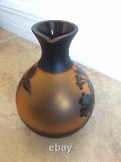 VTG Cameo Glass Black Cut To Frosted Amber Flowers Cold Sake Wine Bottle Signed