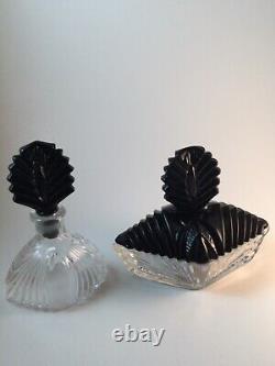 VTG New Martinsville Black & Clear Glass Art Deco Dresser Box and Perfume Bottle