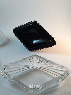 VTG New Martinsville Black & Clear Glass Art Deco Dresser Box and Perfume Bottle