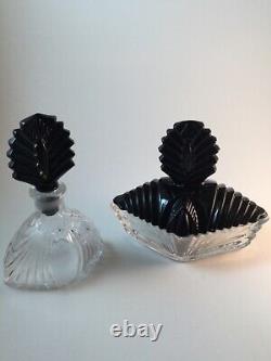 VTG New Martinsville Black & Clear Glass Art Deco Dresser Box and Perfume Bottle