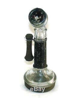 Victory Glass Candlestick Telephone Candy Container Metal Base Jeannette c 1900s