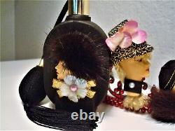 Vintage 3D Lady Face Black Glass Atomizer Bottle & Brooches with Fur/Flowers