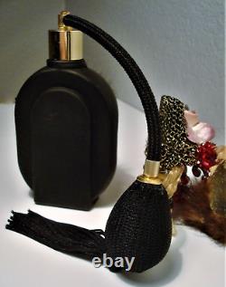 Vintage 3D Lady Face Black Glass Atomizer Bottle & Brooches with Fur/Flowers