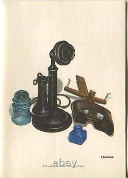 Vintage Antique Black Telephone Stereoscope Blue Glass Bottle Note Card Print