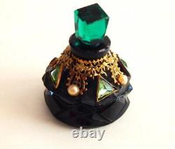 Vintage / Antique Czech 1 ¾ Jeweled Perfume Black Base w Green Stopper Signed