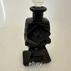 Vintage ArtDeco Opaque Black Czechoslovakian Perfume Bottle Geometric Floral