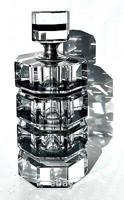 Vintage Art Deco Black Clear Octagonal Perfume Bottle And Stopper NS