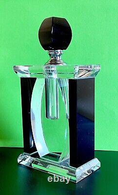 Vintage Art Deco Black Clear Tall Rectangle Perfume Bottle And Stopper