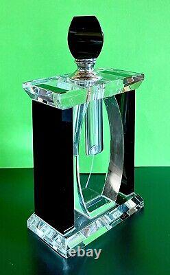 Vintage Art Deco Black Clear Tall Rectangle Perfume Bottle And Stopper