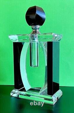 Vintage Art Deco Black Clear Tall Rectangle Perfume Bottle And Stopper