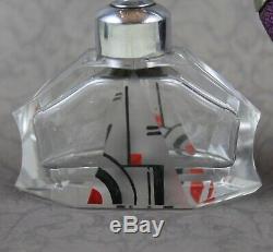 Vintage Art Deco Bohemian Glass Black and Red Enamel Clear Glass Perfume Bottle