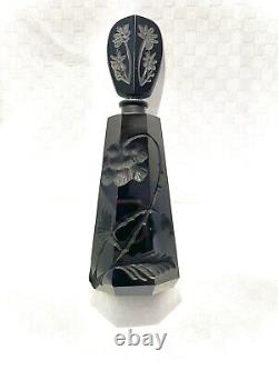 Vintage Black Cut Glass Perfume Bottle French Deco Floral Carved