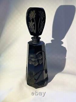 Vintage Black Cut Glass Perfume Bottle French Deco Floral Carved