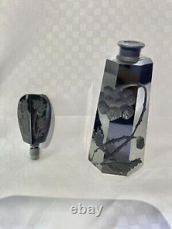 Vintage Black Cut Glass Perfume Bottle French Deco Floral Carved