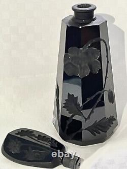 Vintage Black Cut Glass Perfume Bottle French Deco Floral Carved