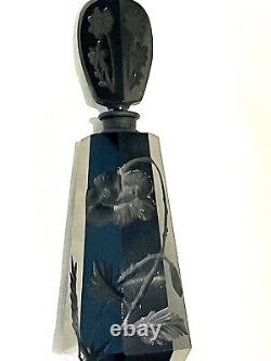 Vintage Black Cut Glass Perfume Bottle French Deco Floral Carved