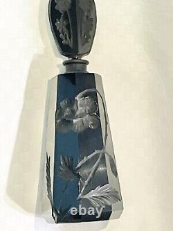 Vintage Black Cut Glass Perfume Bottle French Deco Floral Carved