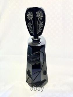 Vintage Black Cut Glass Perfume Bottle French Deco Floral Carved