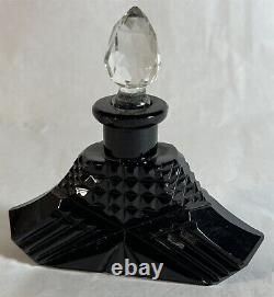 Vintage Black Glass Crystal Perfume Bottle Czechoslovakia 3.25 Art Deco