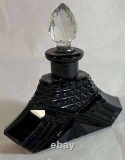 Vintage Black Glass Crystal Perfume Bottle Czechoslovakia 3.25 Art Deco
