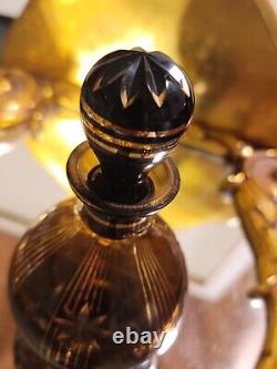 Vintage Black Glass Perfume Bottle Art Deco With Stopper And Gold Gilding 6